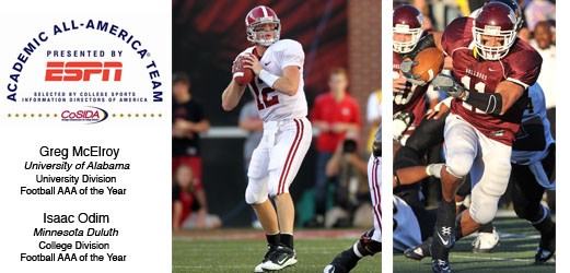 Alabama quarterback Greg McElroy, Minnesota Duluth running back Isaac Odim lead ESPN Academic All-America® Football Teams