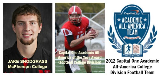 McPherson College quarterback Jake Snodgrass leads Capital One Academic All-America College Division Football Teams; Snodgrass repeats as divisional AAA of the Year